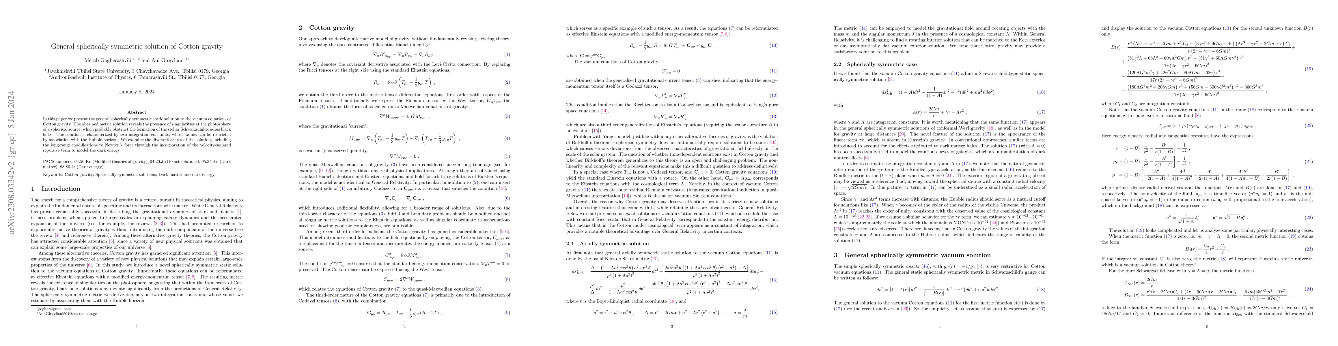 Thumbnail for General spherically symmetric solution of Cotton gravity
