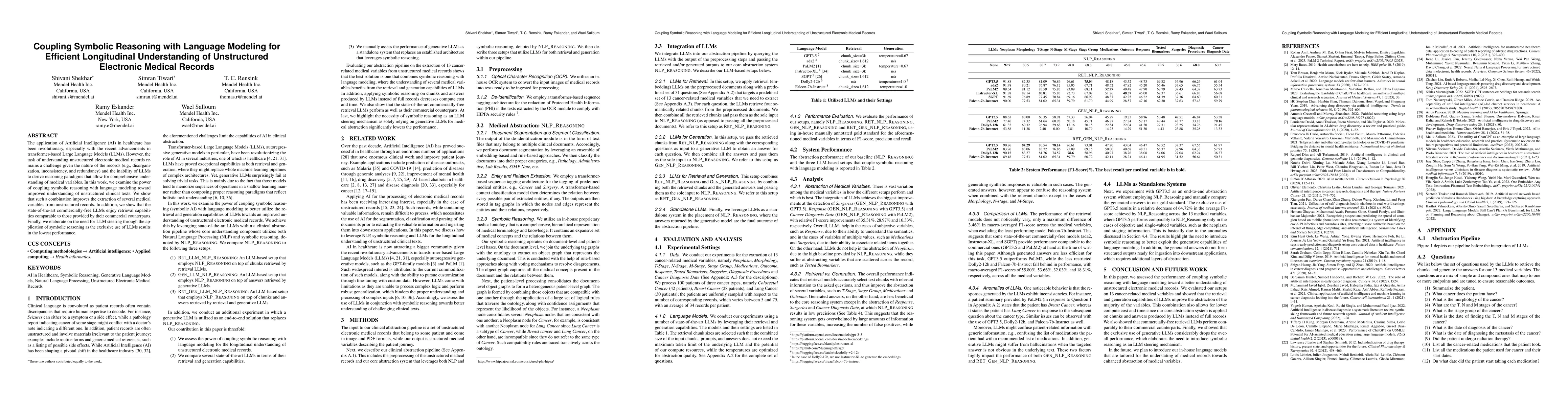 Thumbnail for Coupling Symbolic Reasoning with Language Modeling for Efficient
  Longitudinal Understanding of Unstructured Electronic Medical Records