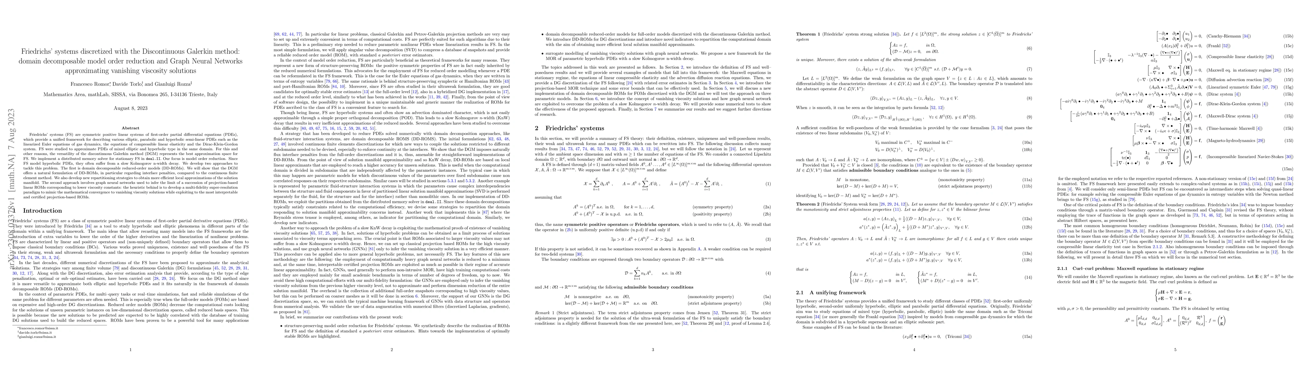Thumbnail for Friedrichs' systems discretized with the Discontinuous Galerkin method:
  domain decomposable model order reduction and Graph Neural Networks
  approximating vanishing viscosity solutions