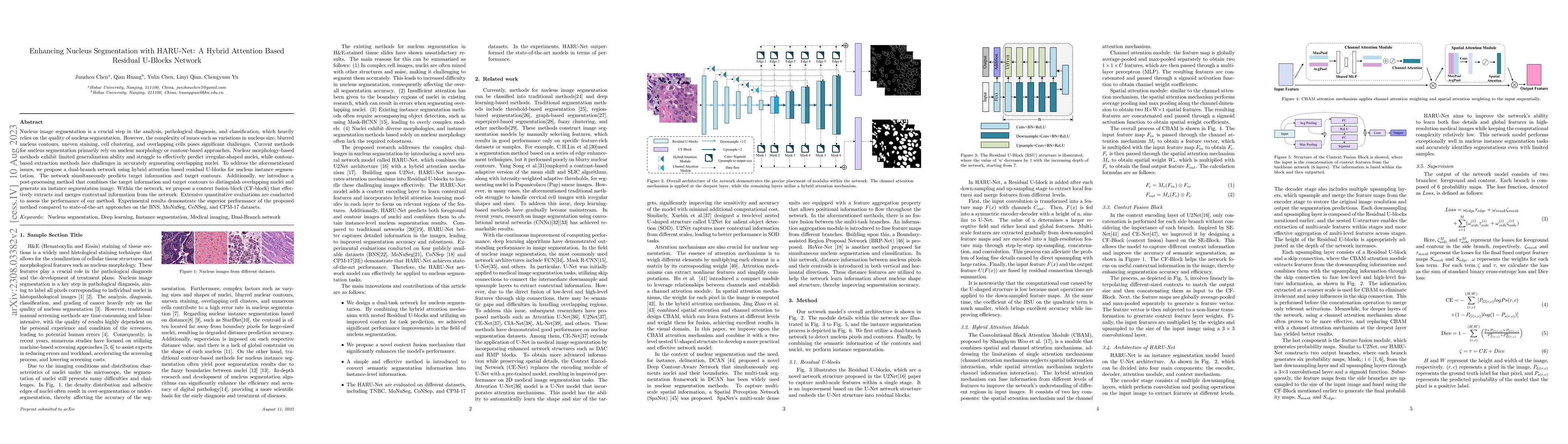 Thumbnail for Enhancing Nucleus Segmentation with HARU-Net: A Hybrid Attention Based
  Residual U-Blocks Network