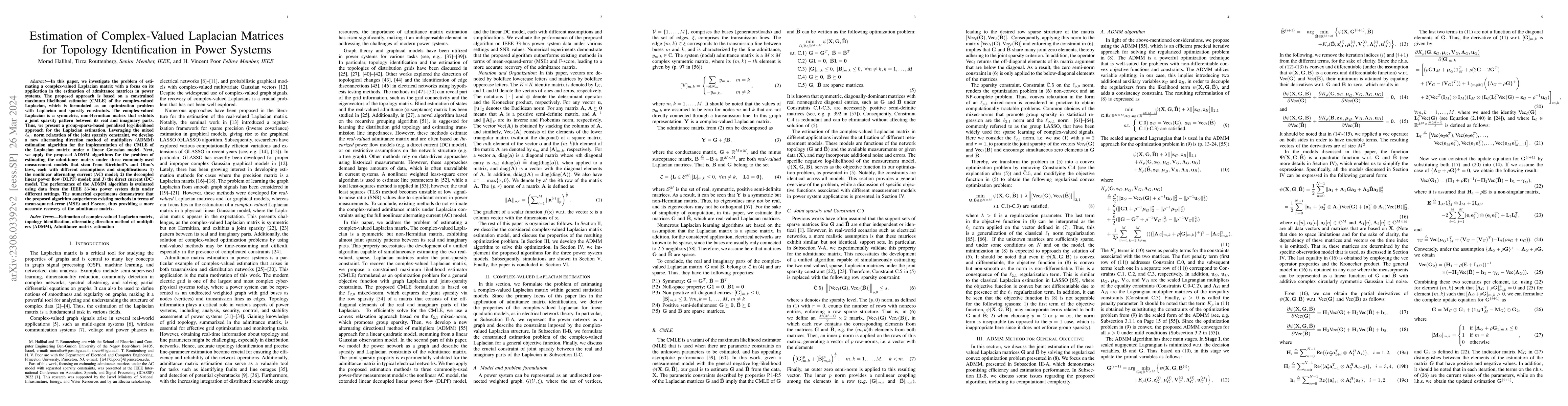 Thumbnail for Estimation of Complex Valued Laplacian Matrices for Topology
  Identification in Power Systems
