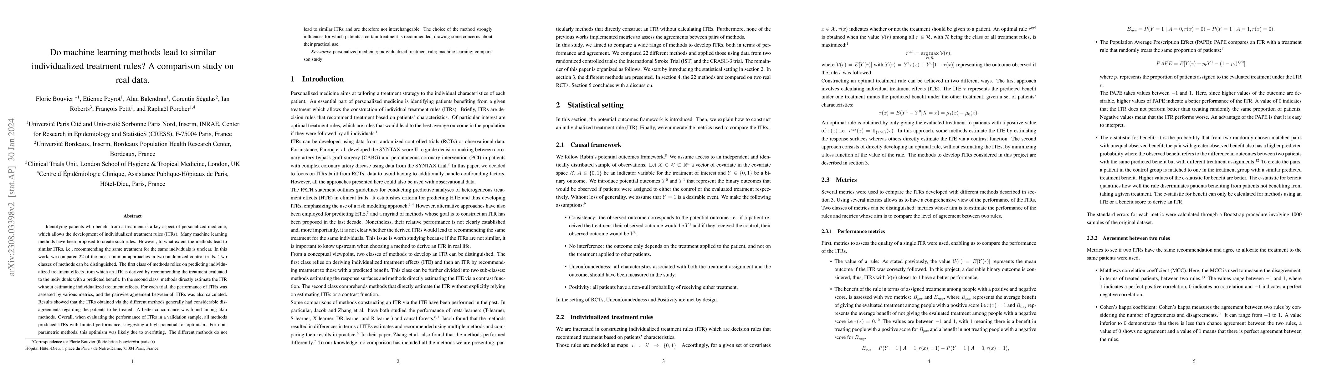 Thumbnail for Do machine learning methods lead to similar individualized treatment
  rules? A comparison study on real data