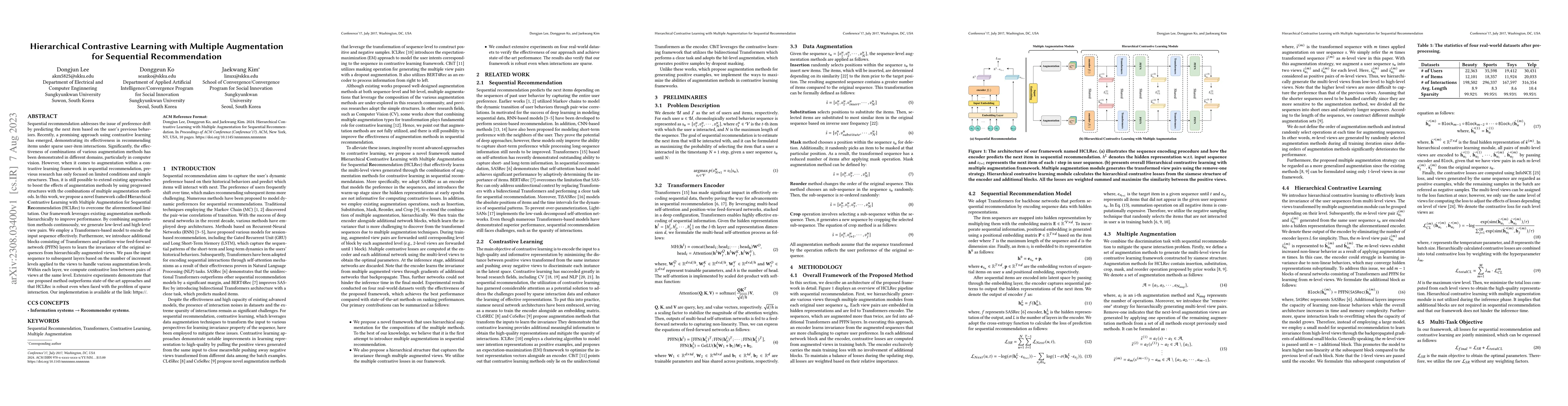 Thumbnail for Hierarchical Contrastive Learning with Multiple Augmentation for
  Sequential Recommendation