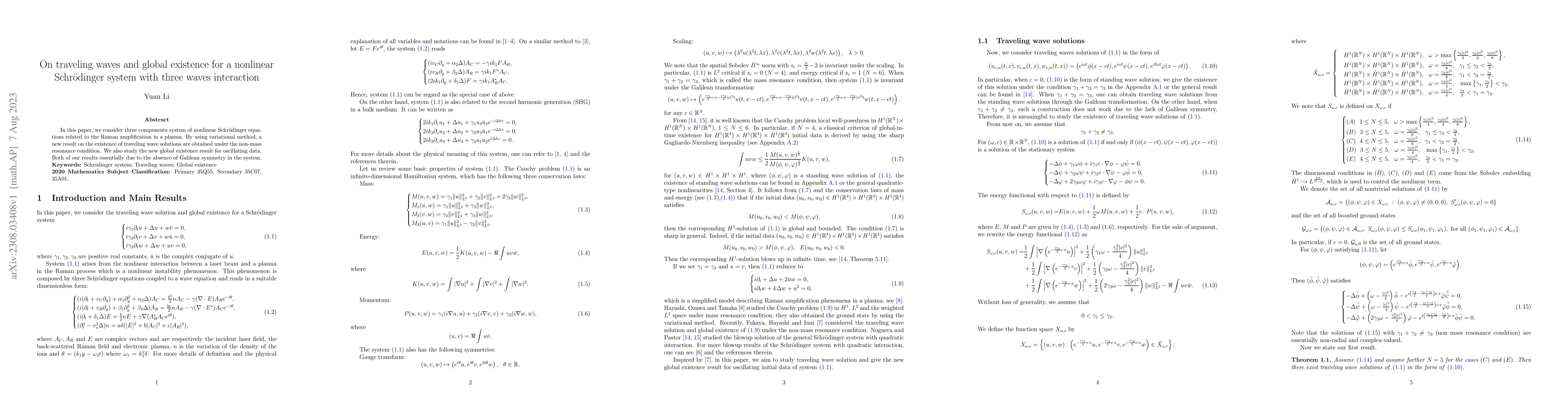 Thumbnail for On traveling waves and global existence for a nonlinear Schr\"odinger
  system with three waves interaction