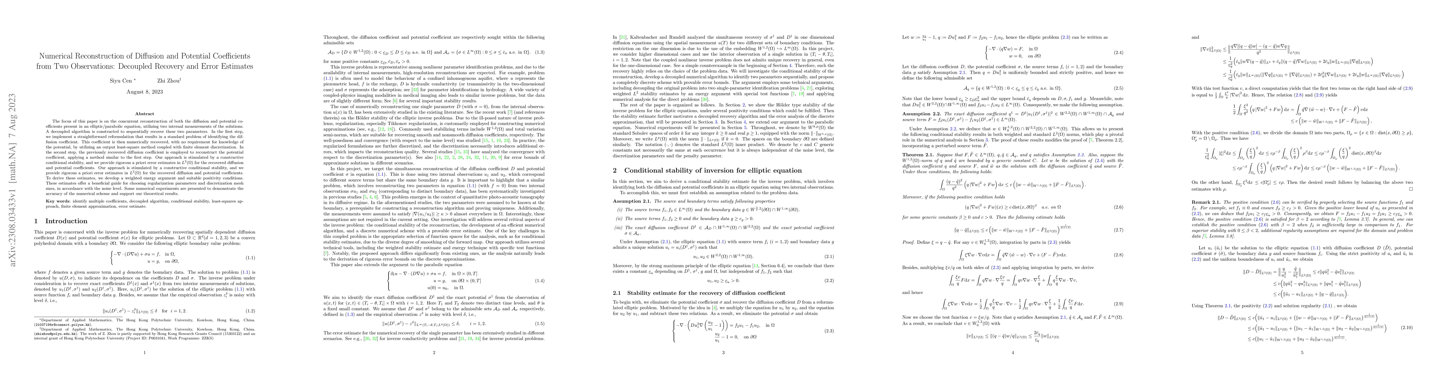 Thumbnail for Numerical Reconstruction of Diffusion and Potential Coefficients from
  Two Observations: Decoupled Recovery and Error Estimates