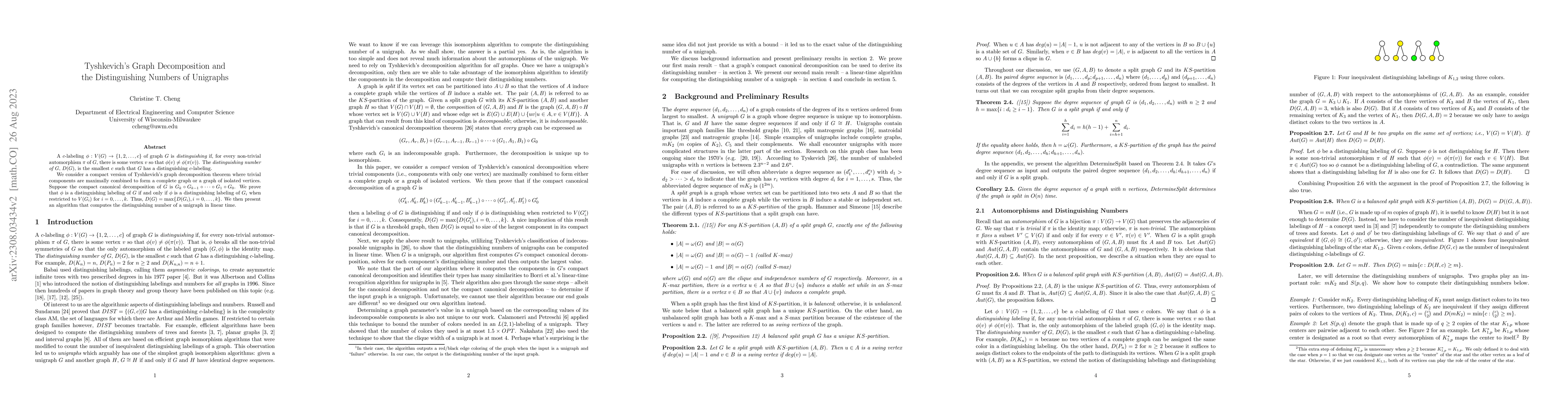 Thumbnail for Tyshkevich's Graph Decomposition and the Distinguishing Numbers of
  Unigraphs