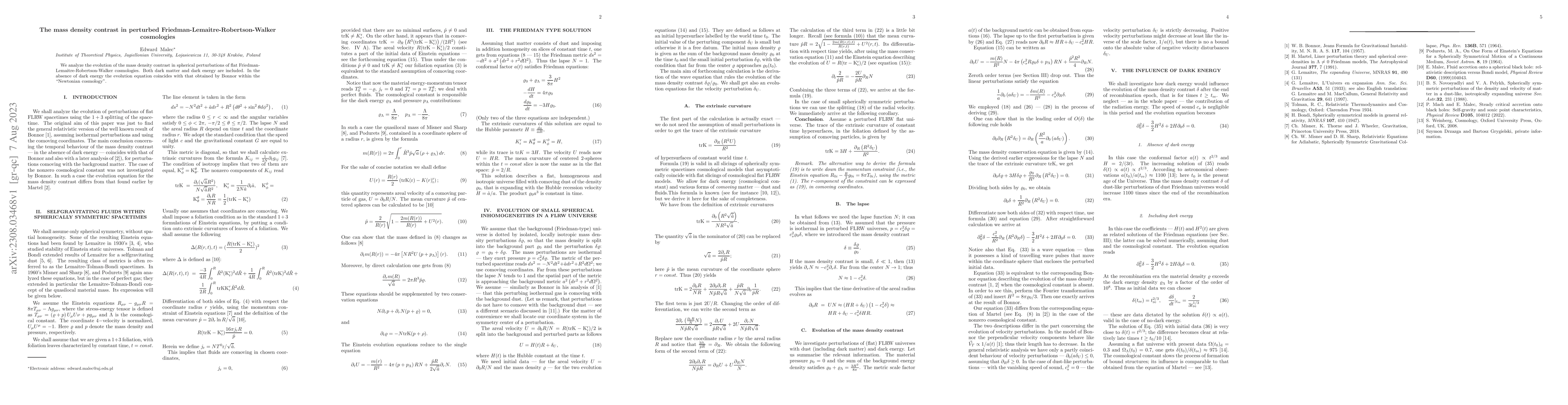 Thumbnail for The mass density contrast in perturbed
  Friedman-Lemaitre-Robertson-Walker cosmologies