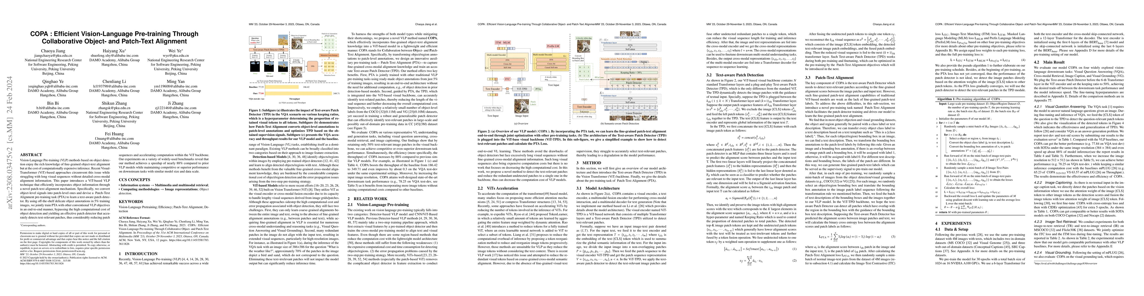 Thumbnail for COPA: Efficient Vision-Language Pre-training Through Collaborative
  Object- and Patch-Text Alignment