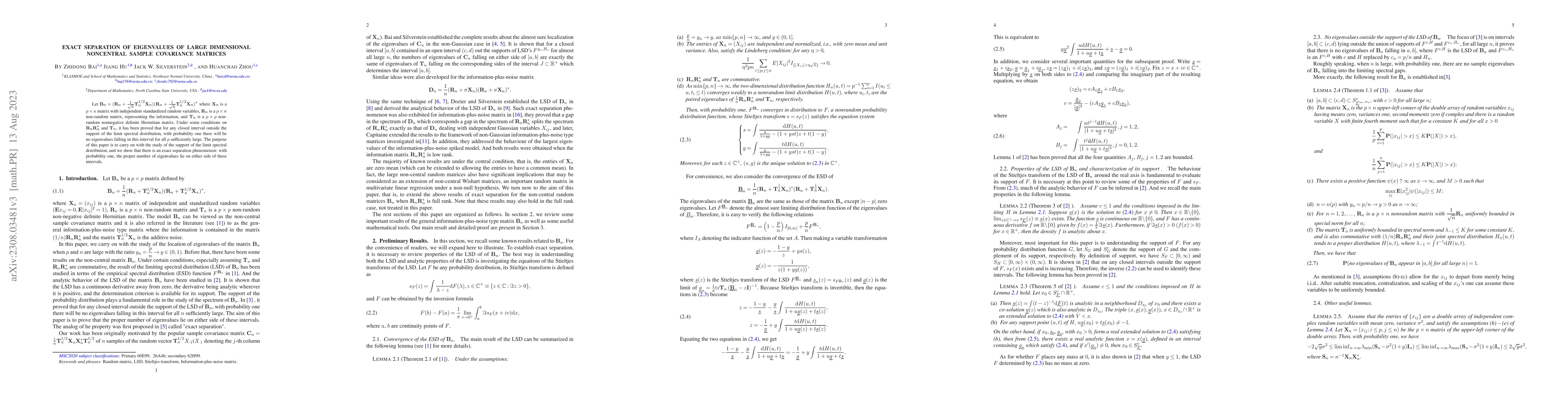Thumbnail for Exact Separation of Eigenvalues of Large Dimensional Noncentral Sample
  Covariance Matrices