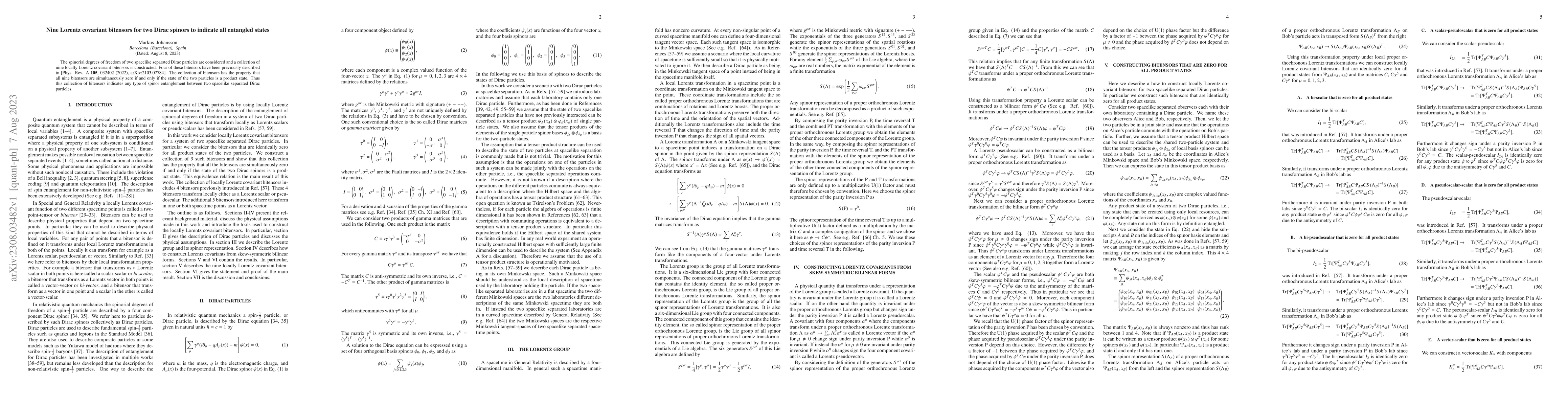 Thumbnail for Nine Lorentz covariant bitensors for two Dirac spinors to indicate all
  entangled states