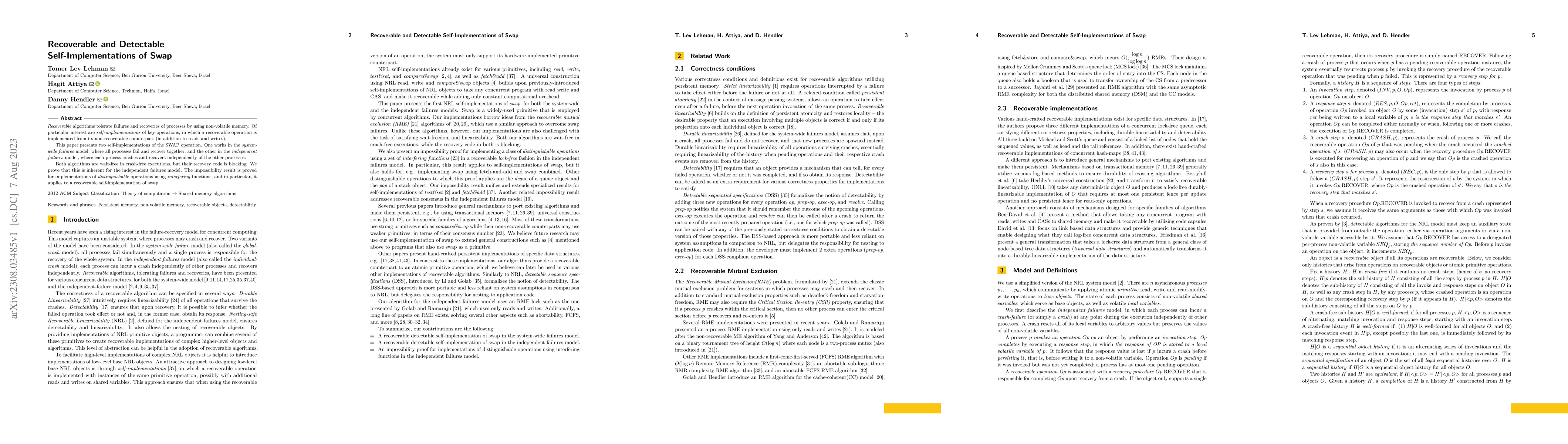 Thumbnail for Recoverable and Detectable Self-Implementations of Swap