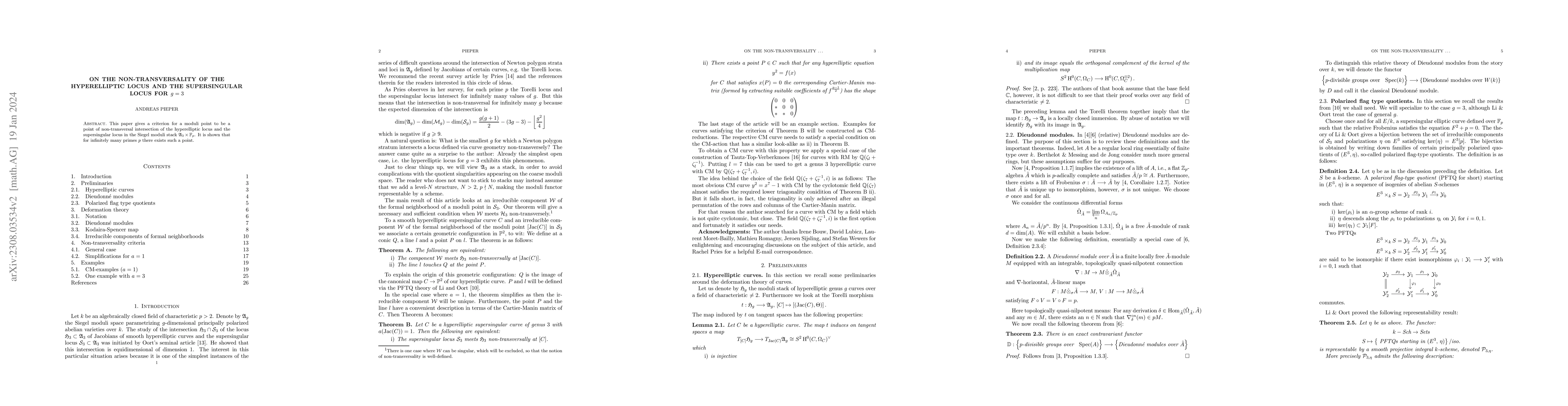 Thumbnail for On the non-Transversality of the Hyperelliptic Locus and the
  Supersingular Locus for $g=3$