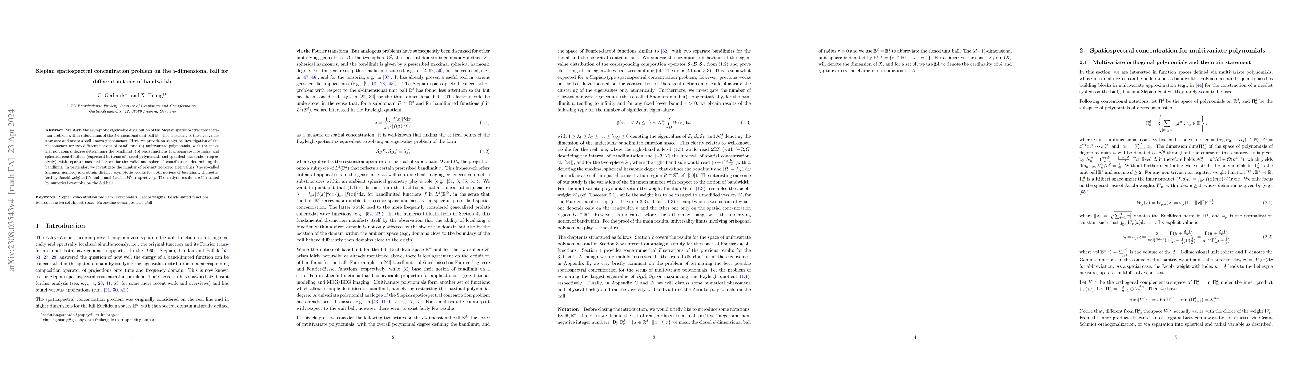 Thumbnail for Slepian spatiospectral concentration problem on the $d$-dimensional ball
  for different notions of bandwidth