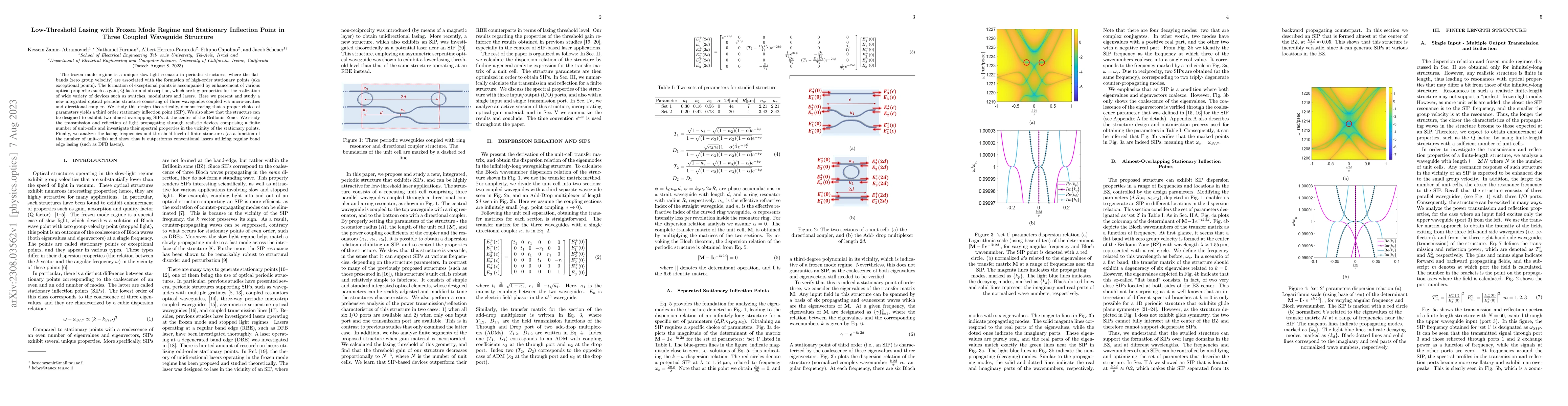 Thumbnail for Low-Threshold Lasing with Frozen Mode Regime and Stationary Inflection
  Point in Three Coupled Waveguide Structure