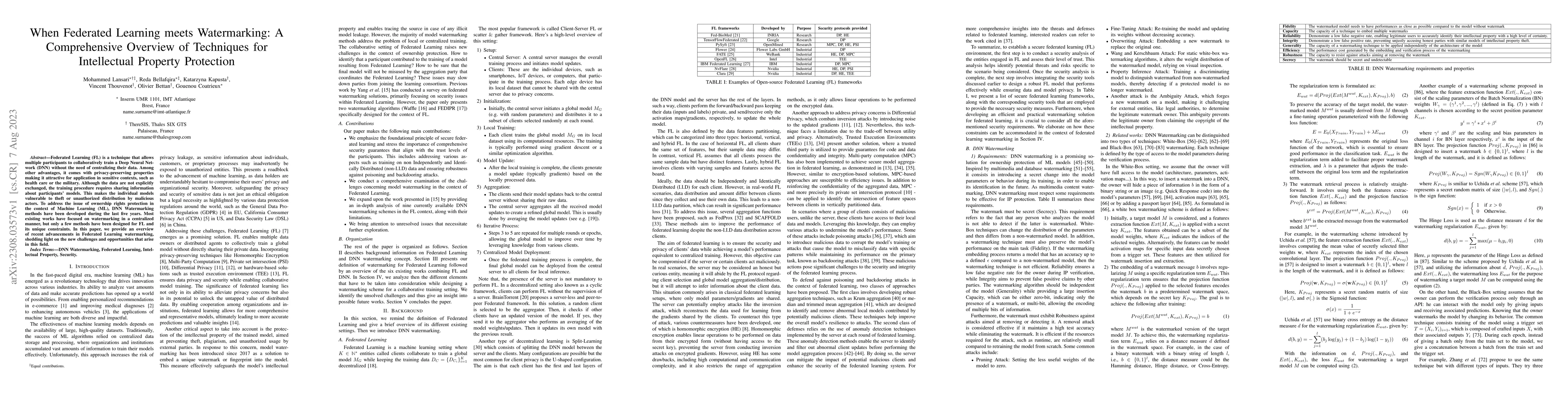 Thumbnail for When Federated Learning meets Watermarking: A Comprehensive Overview of
  Techniques for Intellectual Property Protection
