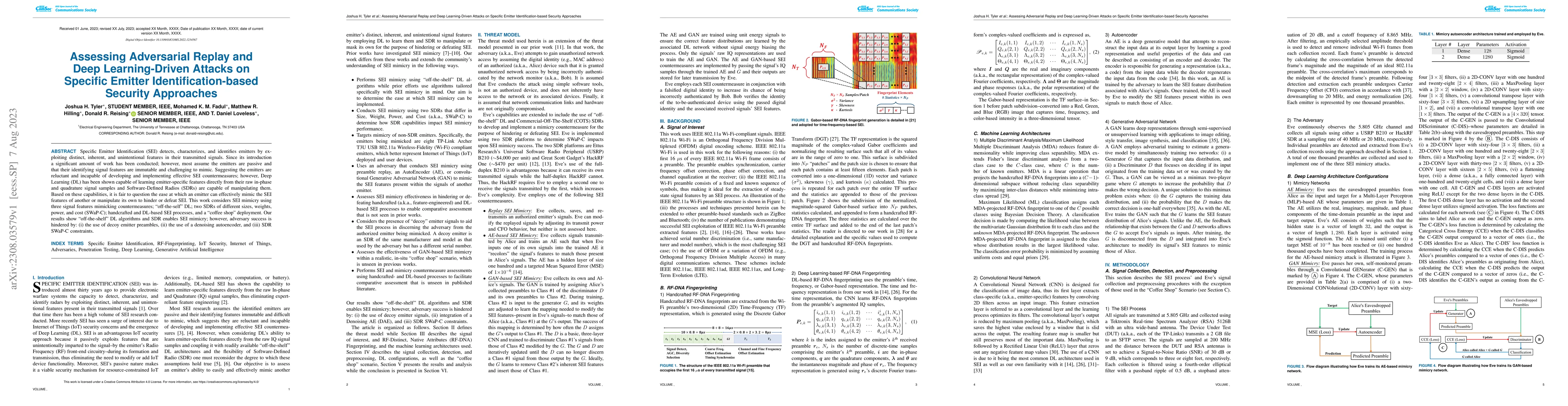 Thumbnail for Assessing Adversarial Replay and Deep Learning-Driven Attacks on
  Specific Emitter Identification-based Security Approaches