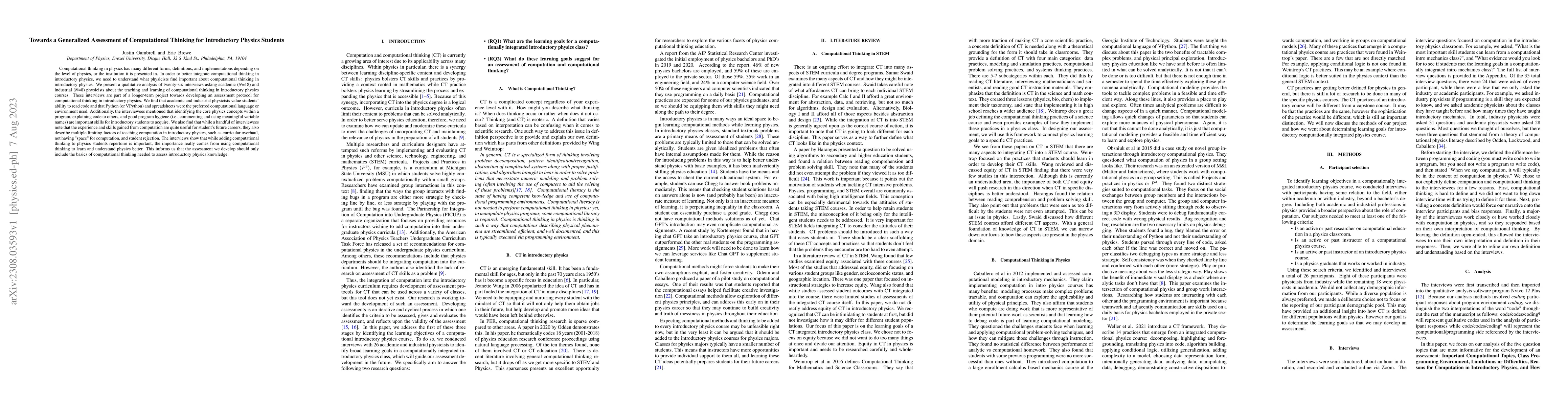 Thumbnail for Towards a Generalized Assessment of Computational Thinking for
  Introductory Physics Students