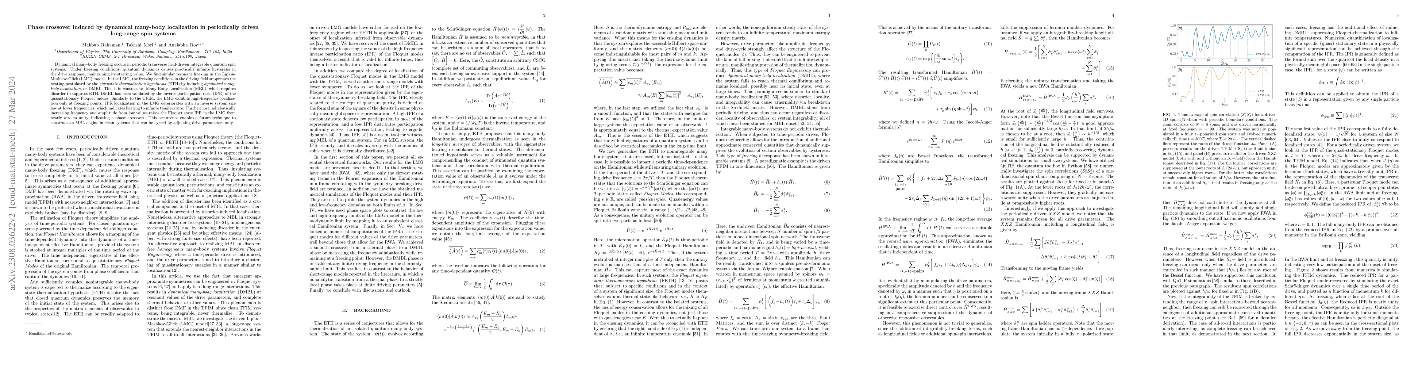 Thumbnail for Phase Crossover induced by Dynamical Many Body Localization in
  Periodically Driven Long-Range Spin Systems