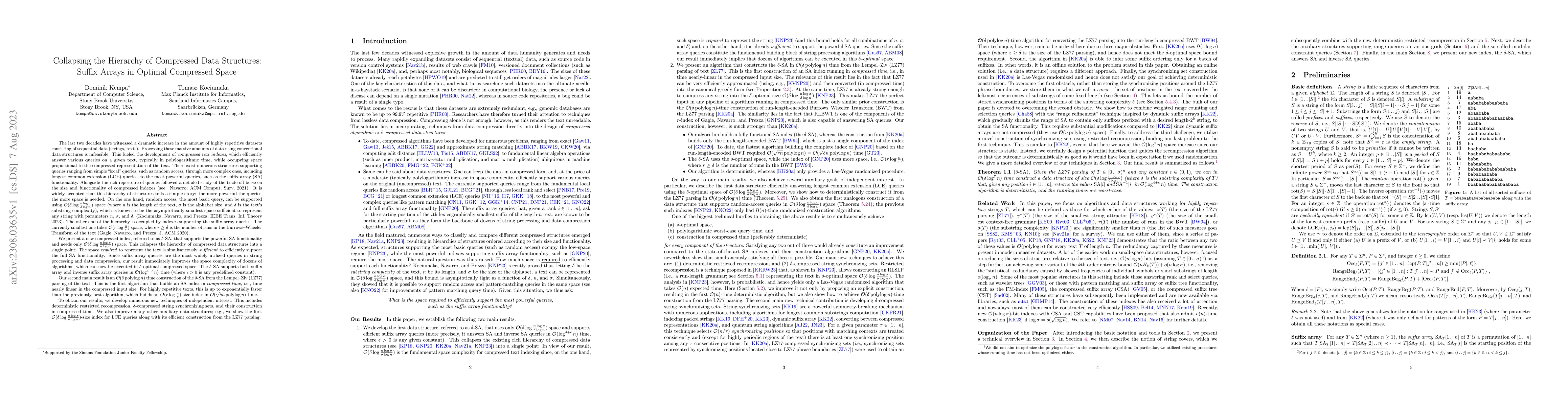 Thumbnail for Collapsing the Hierarchy of Compressed Data Structures: Suffix Arrays in
  Optimal Compressed Space