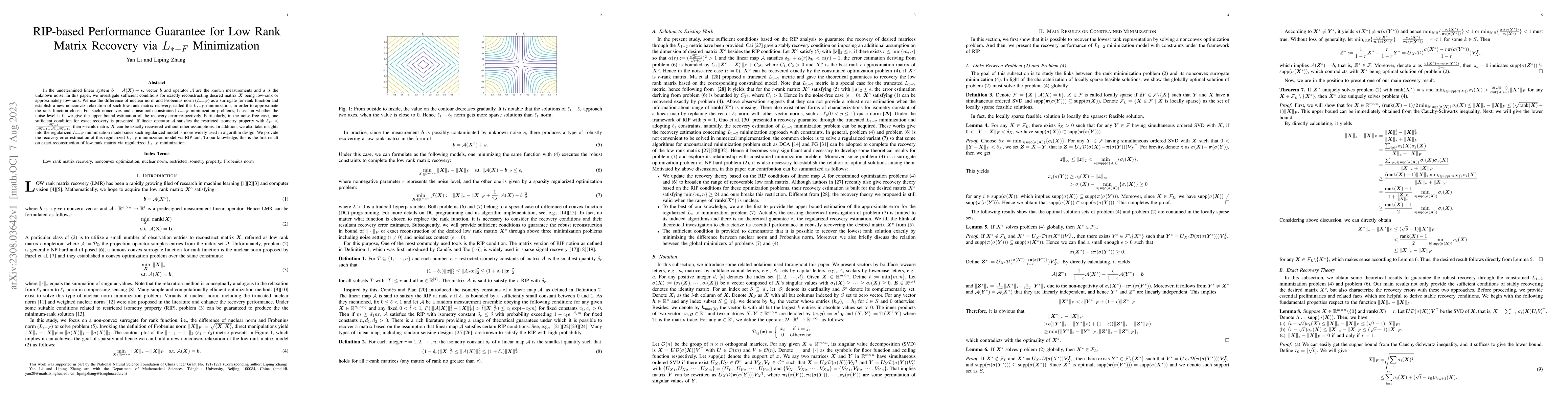 Thumbnail for RIP-based Performance Guarantee for Low Rank Matrix Recovery via
  $L_{*-F}$ Minimization