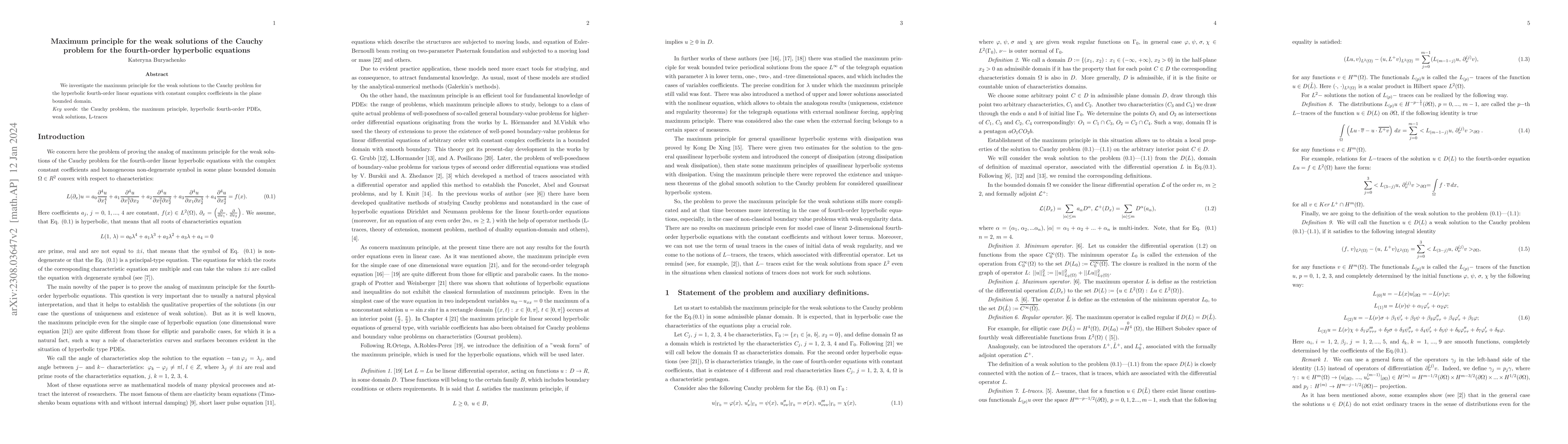 Thumbnail for Maximum principle for the weak solutions of the Cauchy problem for the
  fourth-order hyperbolic equations