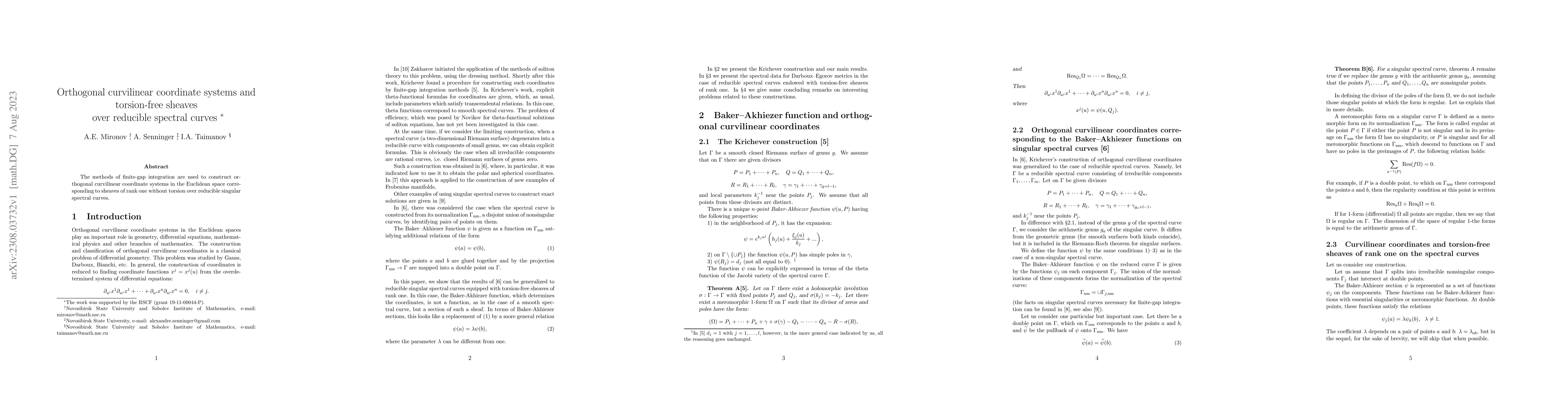 Thumbnail for Orthogonal curvilinear coordinate systems and torsion-free sheaves over
  reducible spectral curves