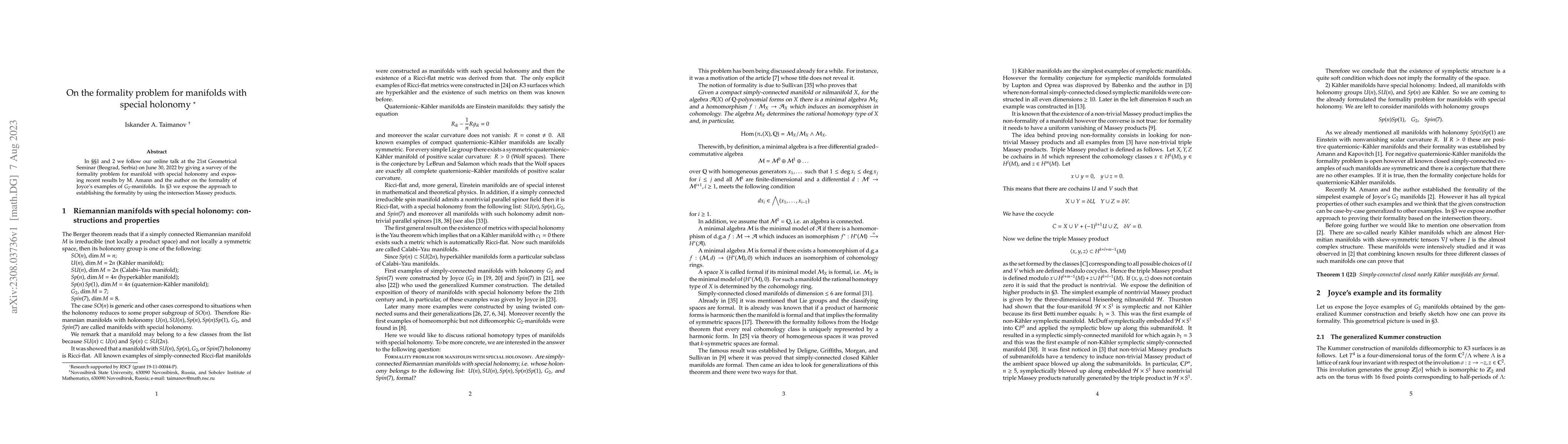 Thumbnail for On the formality problem for manifolds with special holonomy