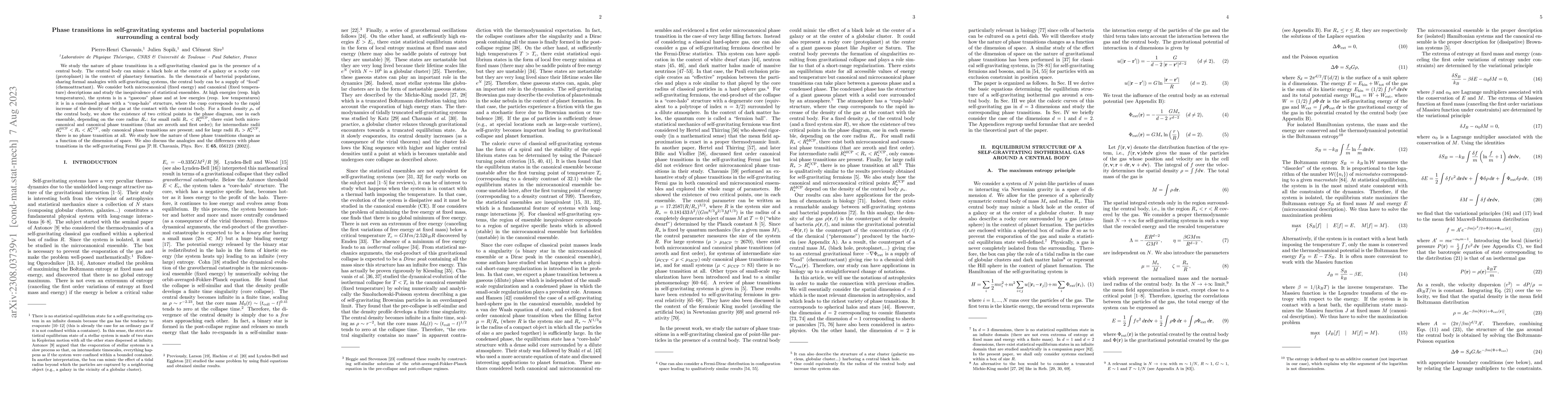 Thumbnail for Phase transitions in self-gravitating systems and bacterial populations
  surrounding a central body