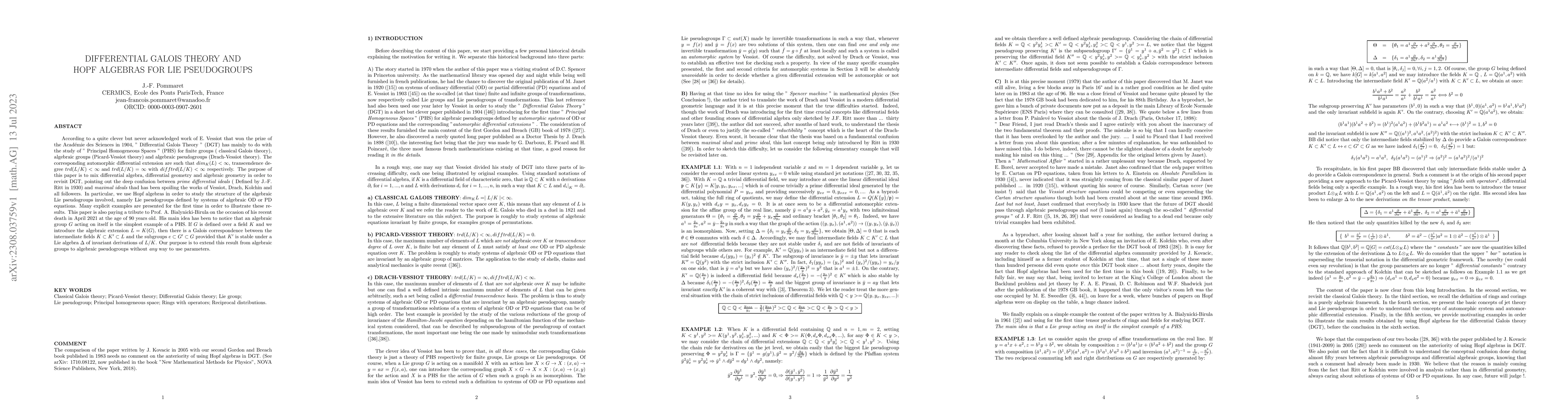 Thumbnail for Differential Galois Theory and Hopf Algebras for Lie Pseudogroups