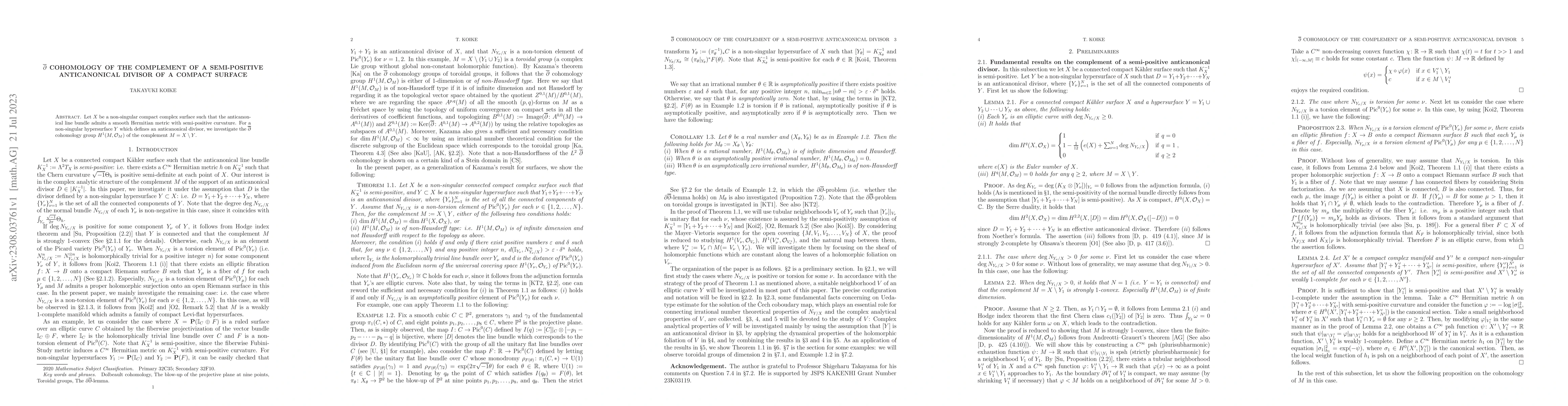 Thumbnail for $\overline{\partial}$ cohomology of the complement of a semi-positive
  anticanonical divisor of a compact surface