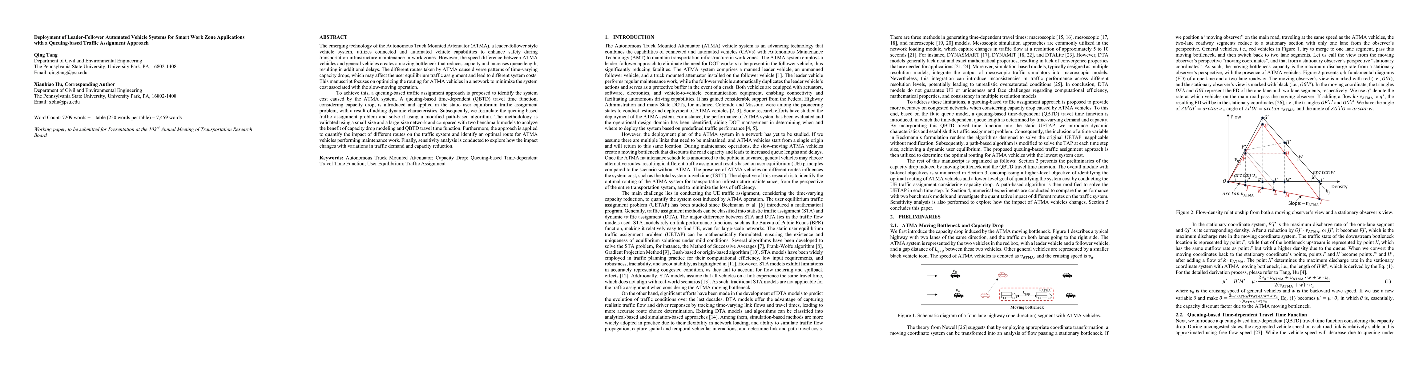 Thumbnail for Deployment of Leader-Follower Automated Vehicle Systems for Smart Work
  Zone Applications with a Queuing-based Traffic Assignment Approach