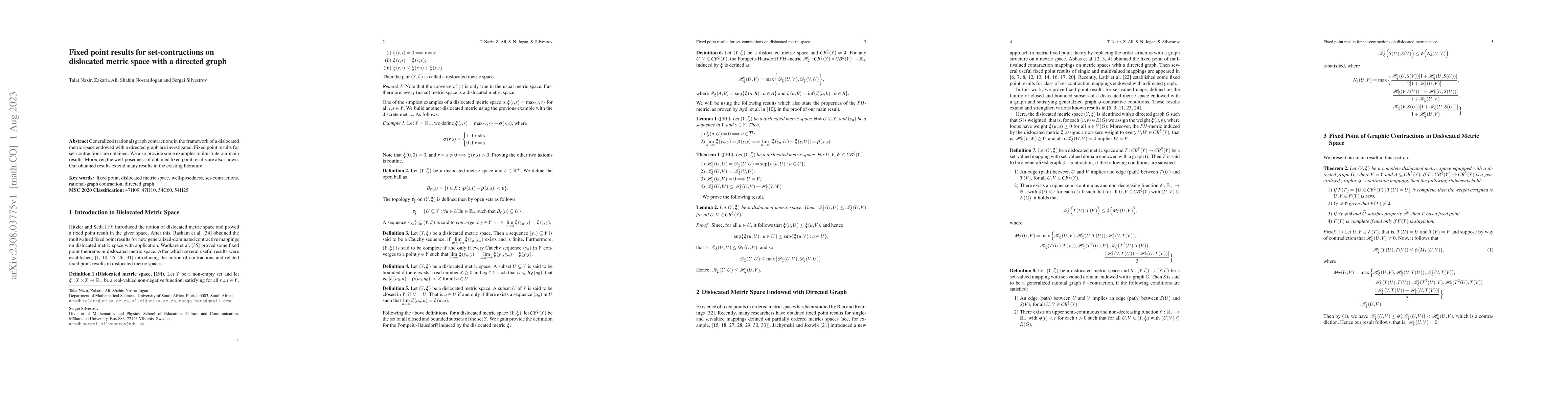 Thumbnail for Fixed point results for set-contractions on dislocated metric space with
  a directed graph