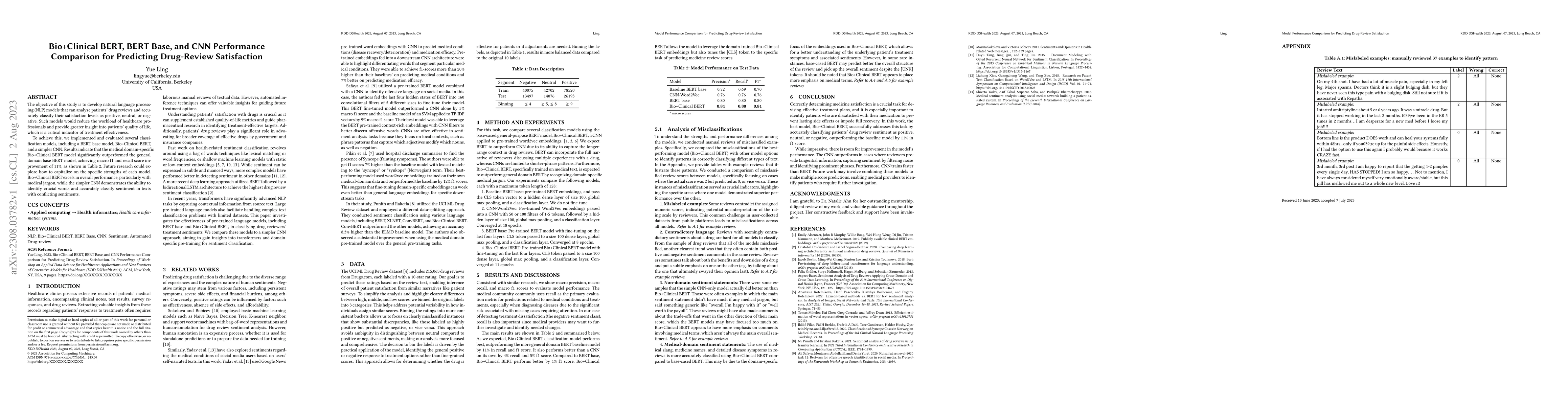 Thumbnail for Bio+Clinical BERT, BERT Base, and CNN Performance Comparison for
  Predicting Drug-Review Satisfaction