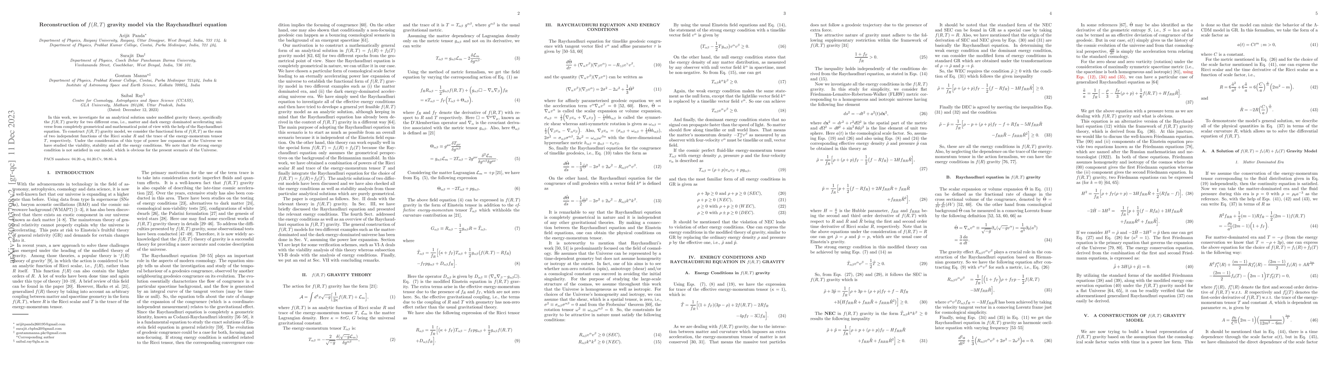 Thumbnail for Reconstruction of $f(R,T)$ gravity model via the Raychaudhuri equation