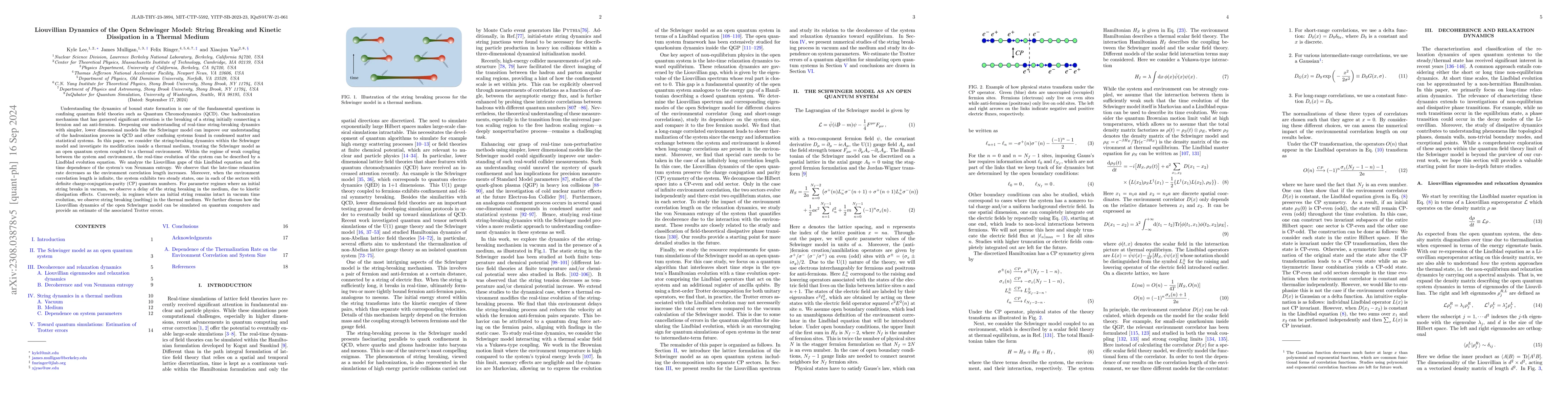 Thumbnail for Liouvillian Dynamics of the Open Schwinger Model: String Breaking and
  Kinetic Dissipation in a Thermal Medium