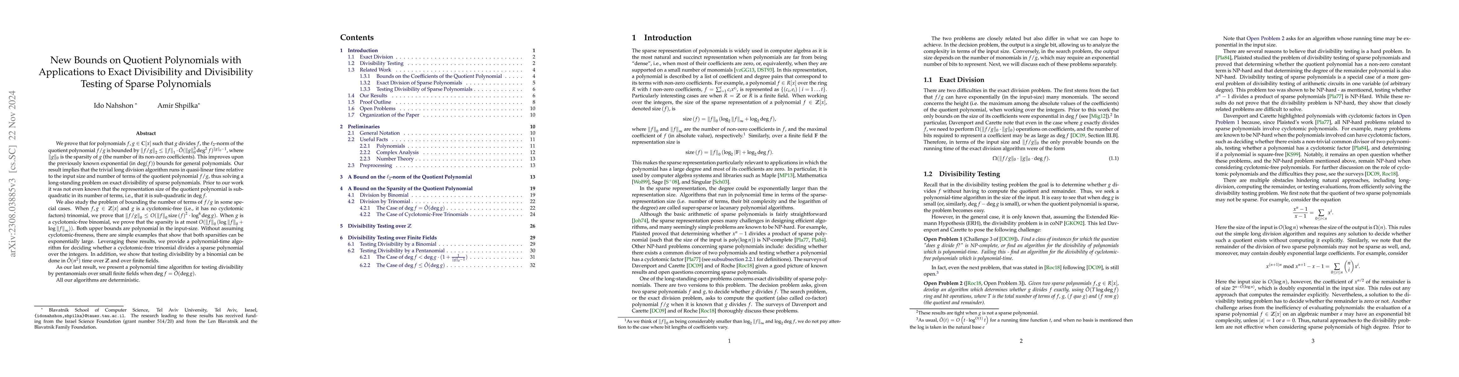 Thumbnail for New Bounds on Quotient Polynomials with Applications to Exact
  Divisibility and Divisibility Testing of Sparse Polynomials