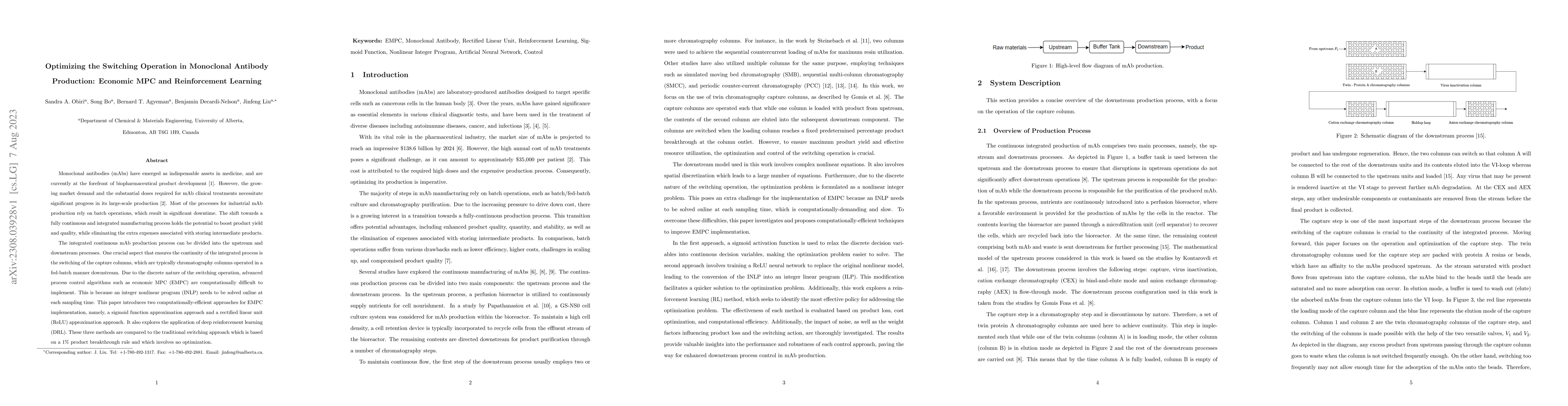 Thumbnail for Optimizing the switching operation in monoclonal antibody production:
  Economic MPC and reinforcement learning