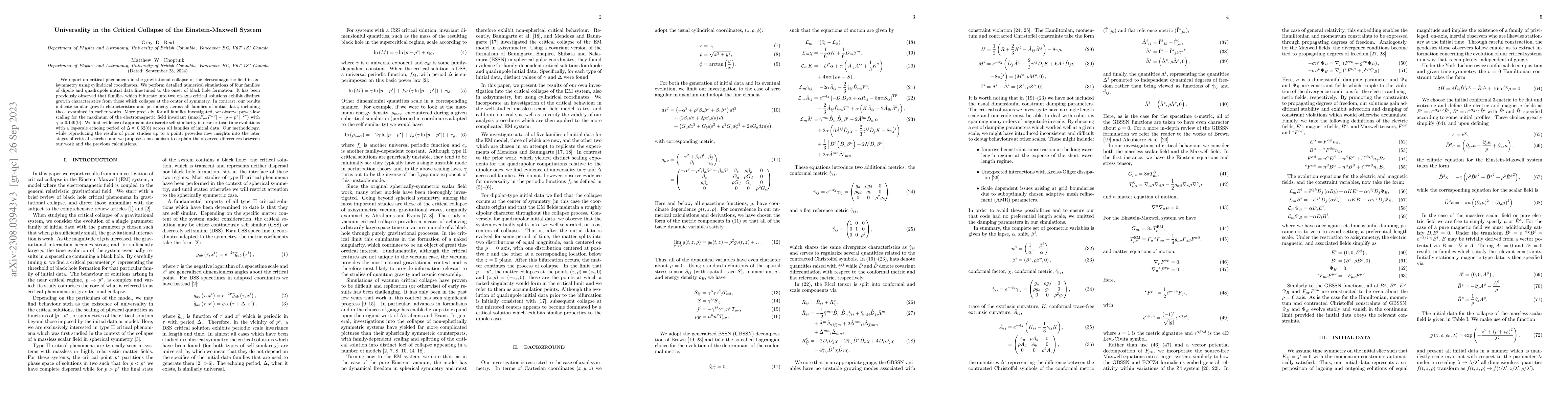 Thumbnail for Universality in the Critical Collapse of the Einstein-Maxwell System