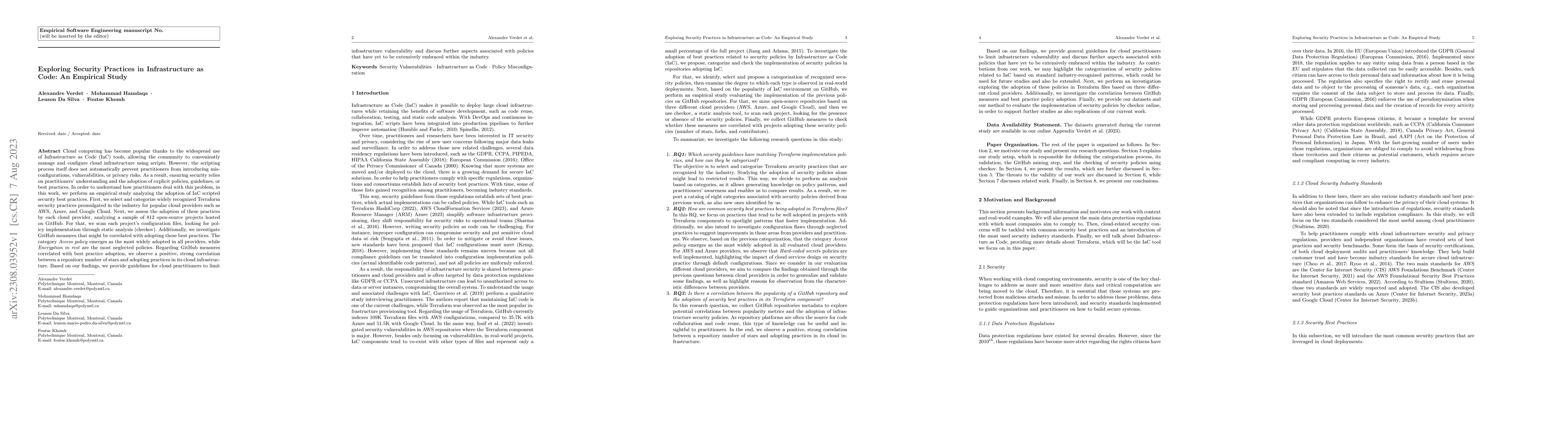 Thumbnail for Exploring Security Practices in Infrastructure as Code: An Empirical
  Study