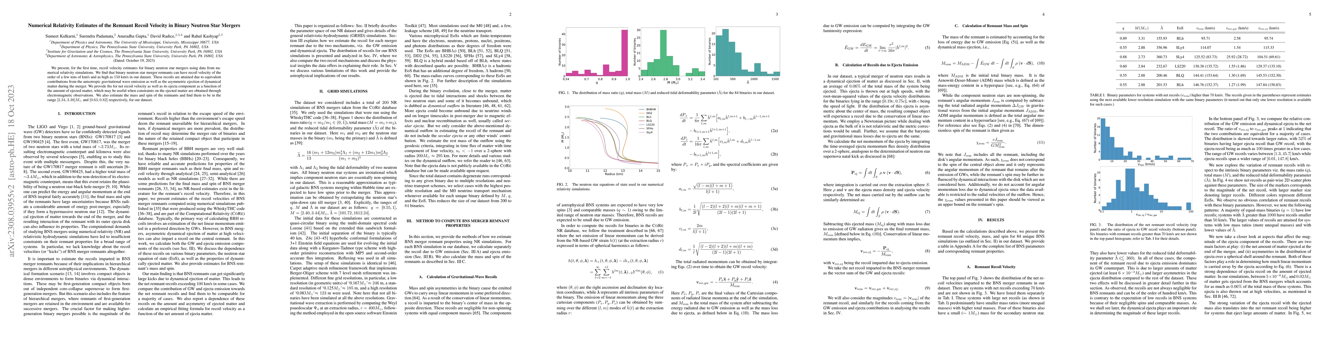 Thumbnail for Numerical Relativity Estimates of the Remnant Recoil Velocity in Binary
  Neutron Star Mergers