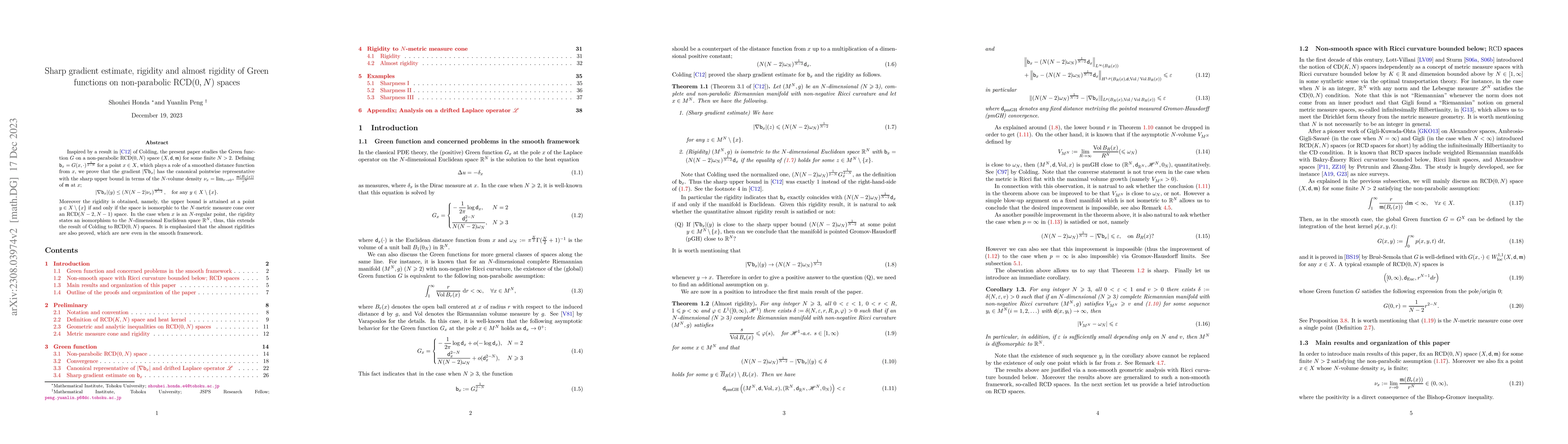 Thumbnail for Sharp gradient estimate, rigidity and almost rigidity of Green functions
  on non-parabolic $\mathrm{RCD}(0,N)$ spaces