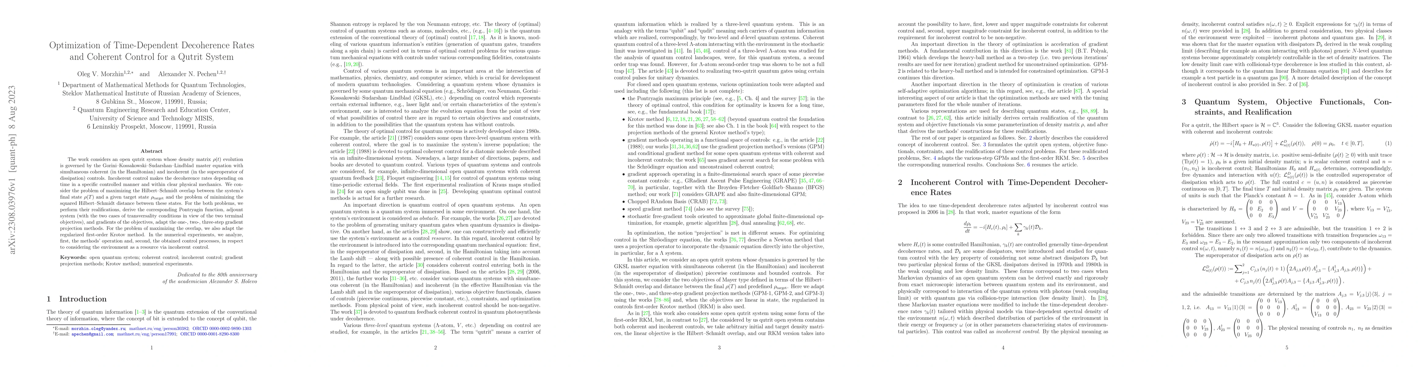 Thumbnail for Optimization of Time-Dependent Decoherence Rates and Coherent Control
  for a Qutrit System
