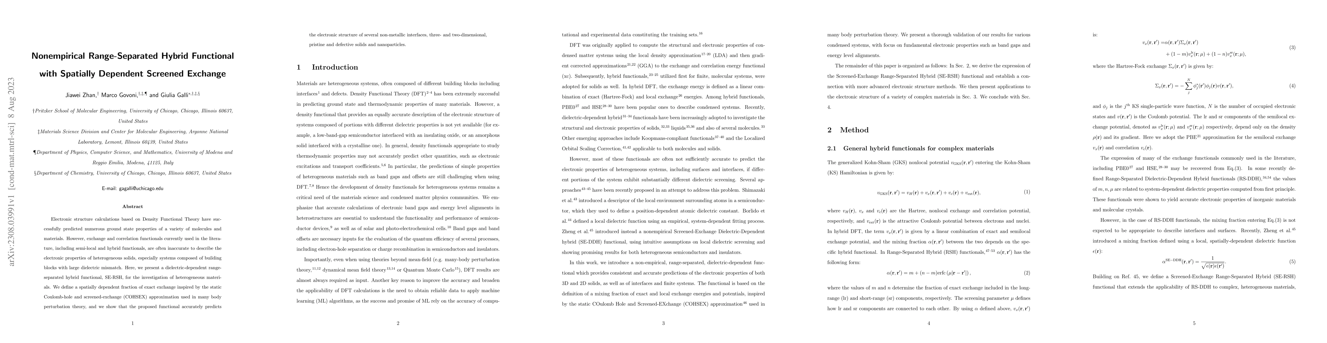 Thumbnail for Nonempirical Range-Separated Hybrid Functional with Spatially Dependent
  Screened Exchange