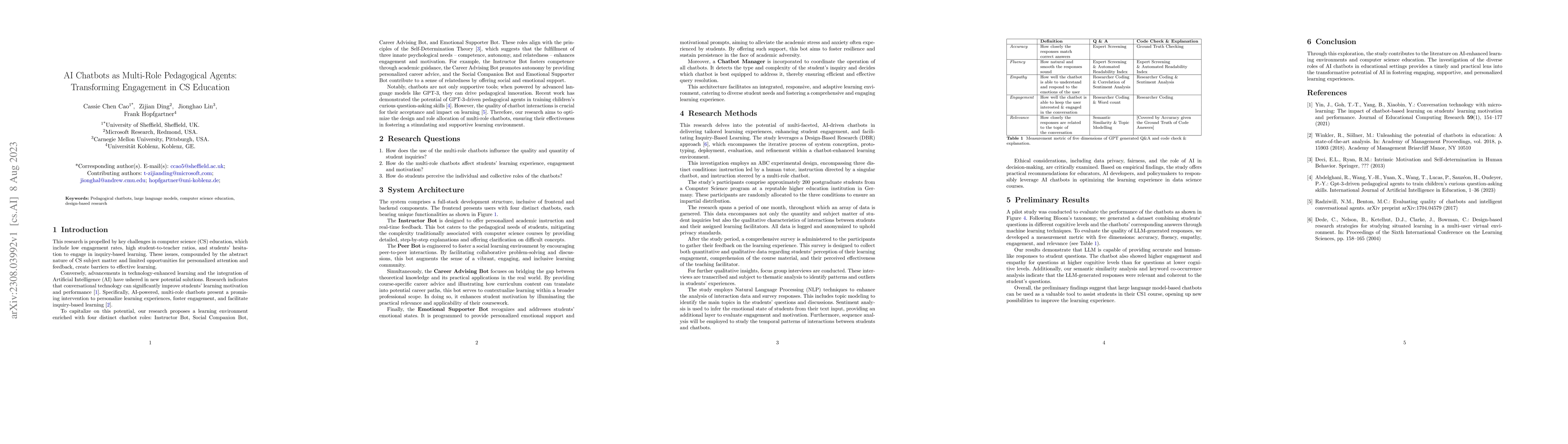 Thumbnail for AI Chatbots as Multi-Role Pedagogical Agents: Transforming Engagement in
  CS Education
