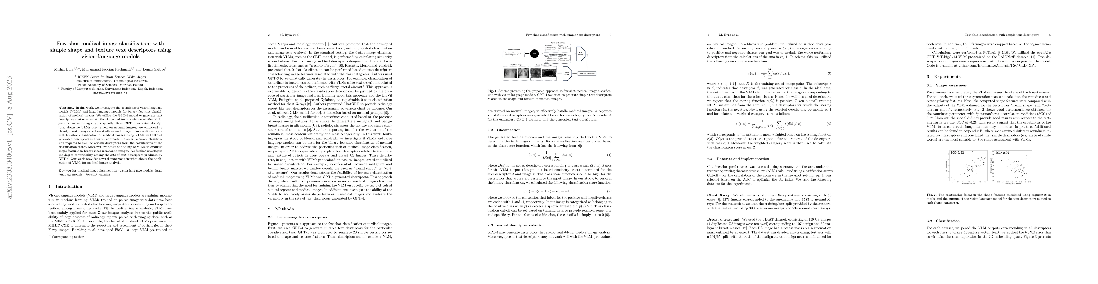 Thumbnail for Few-shot medical image classification with simple shape and texture text
  descriptors using vision-language models