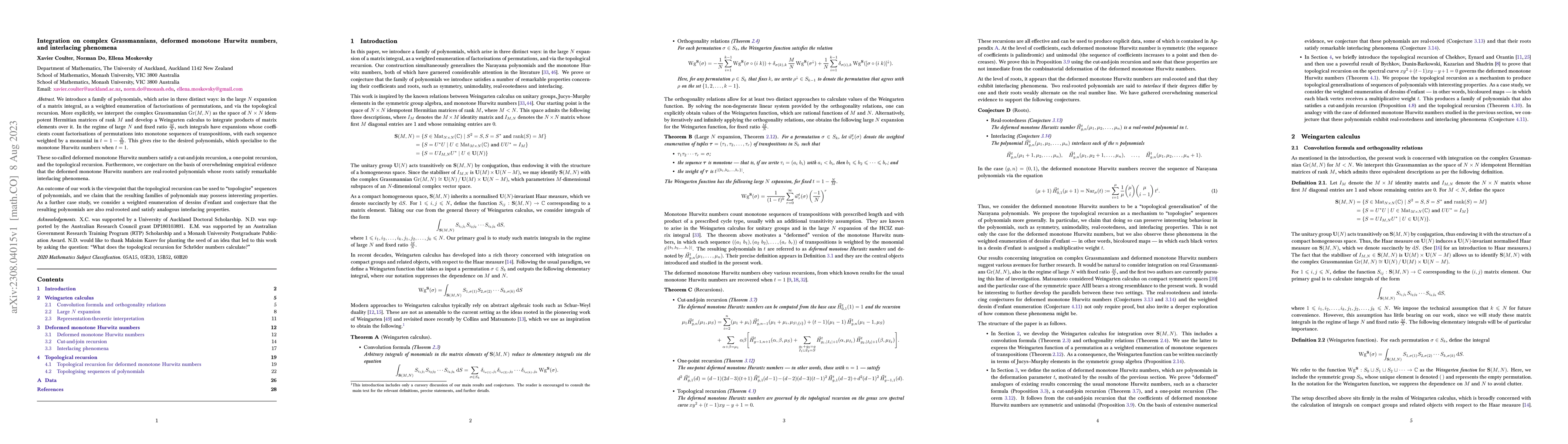 Thumbnail for Integration on complex Grassmannians, deformed monotone Hurwitz numbers,
  and interlacing phenomena