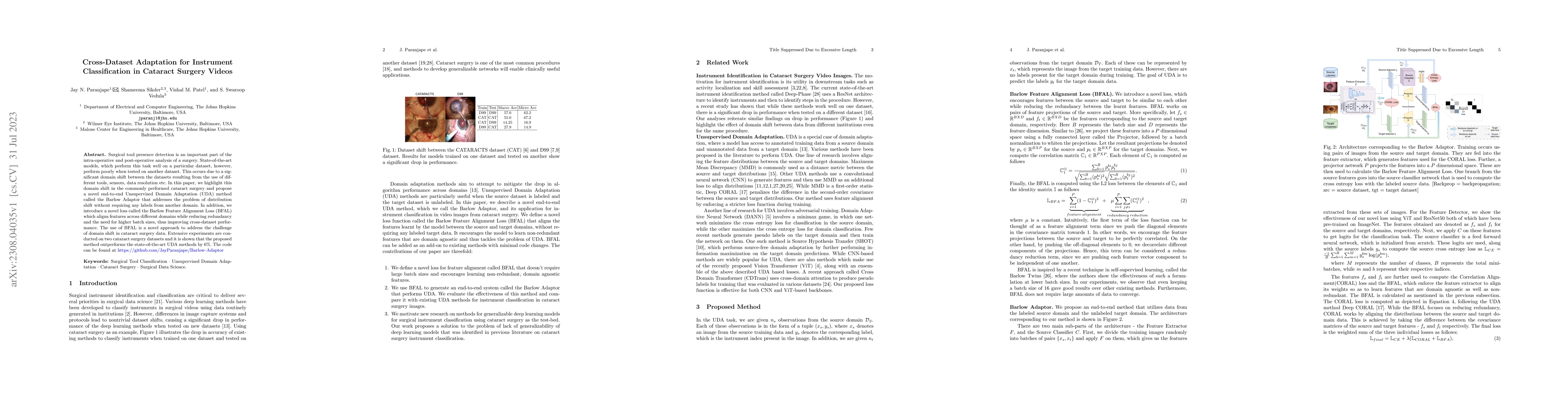 Thumbnail for Cross-Dataset Adaptation for Instrument Classification in Cataract
  Surgery Videos