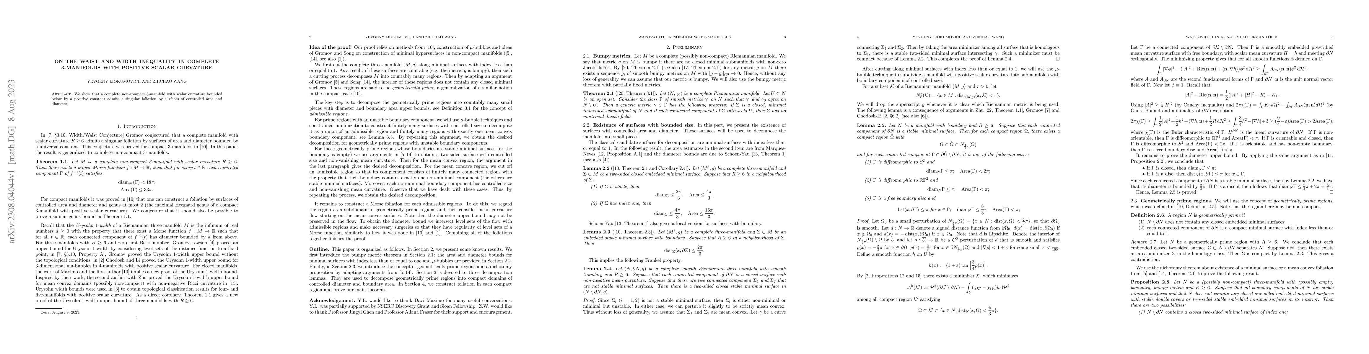 Thumbnail for On the waist and width inequality in complete 3-manifolds with positive
  scalar curvature