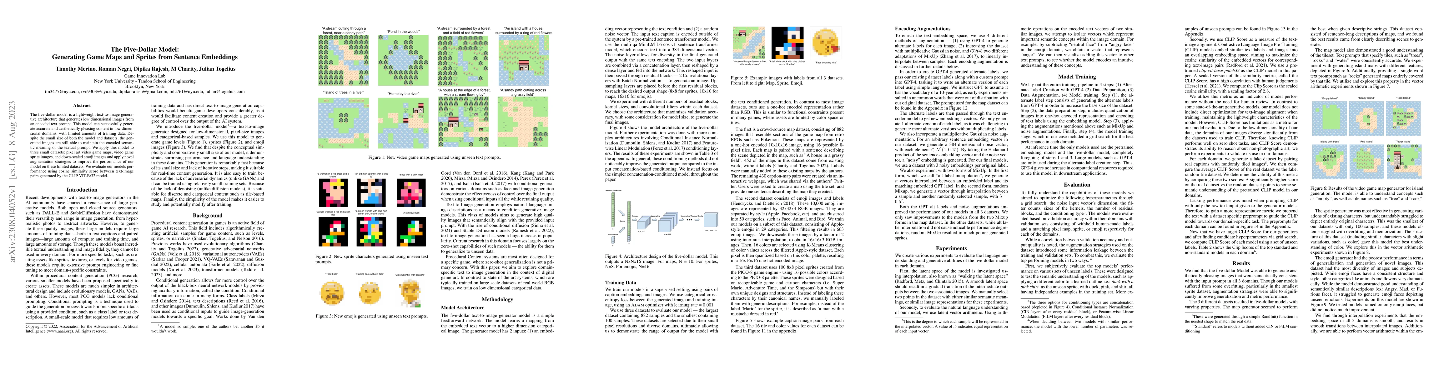Thumbnail for The Five-Dollar Model: Generating Game Maps and Sprites from Sentence
  Embeddings