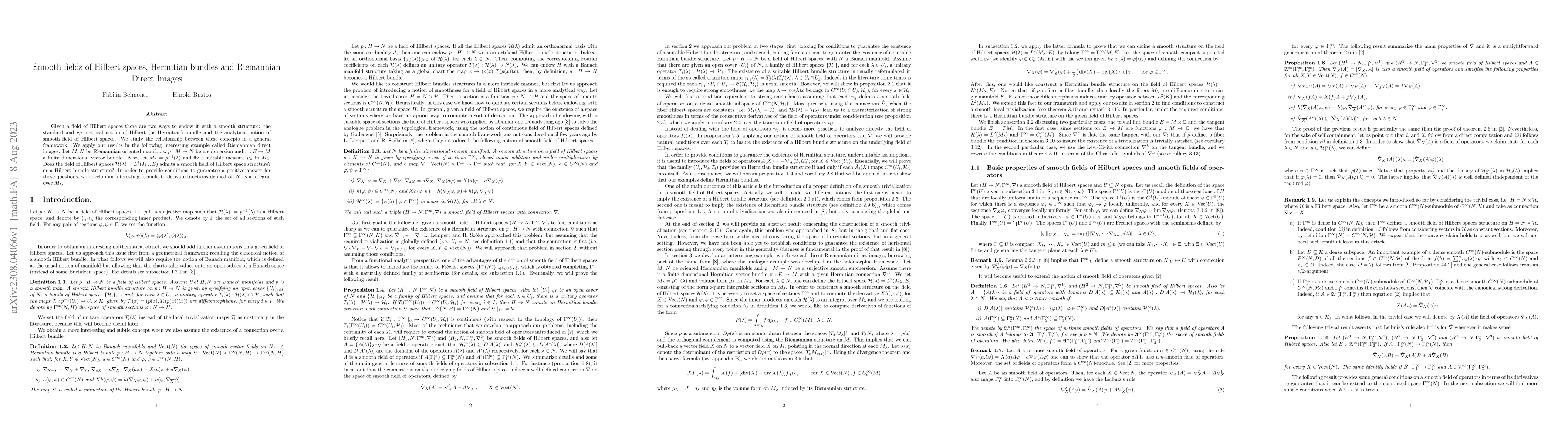Thumbnail for Smooth Fields of Hilbert Spaces, Hermitian bundles and Riemannian Direct
  Images